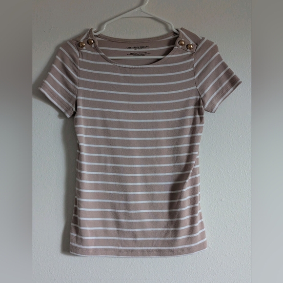 Christian Siriano Beige White Striped Short Sleeve Top Women Sz XS Cotton Blend - Picture 1 of 7